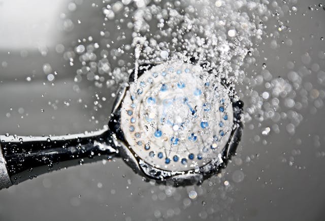 View of the water coming out of the showerhead